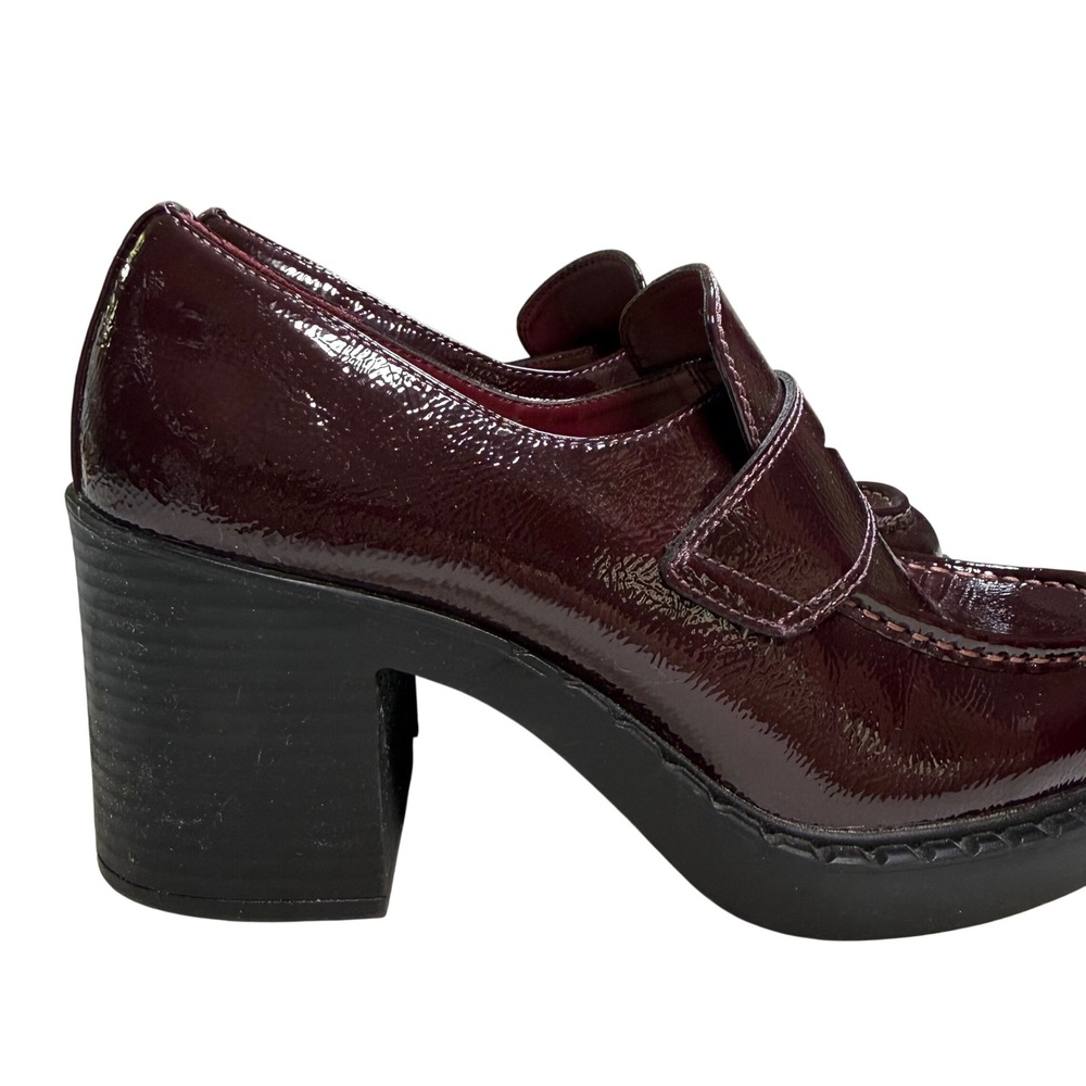 SO Burgundy Patent Penny Loafers 9 Dark Chunky Block Heel Comfort Officecore - Picture 5 of 12